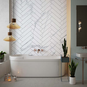 Large Premium White Herringbone Marble Tile 1.0m x 2.4m Shower Panel