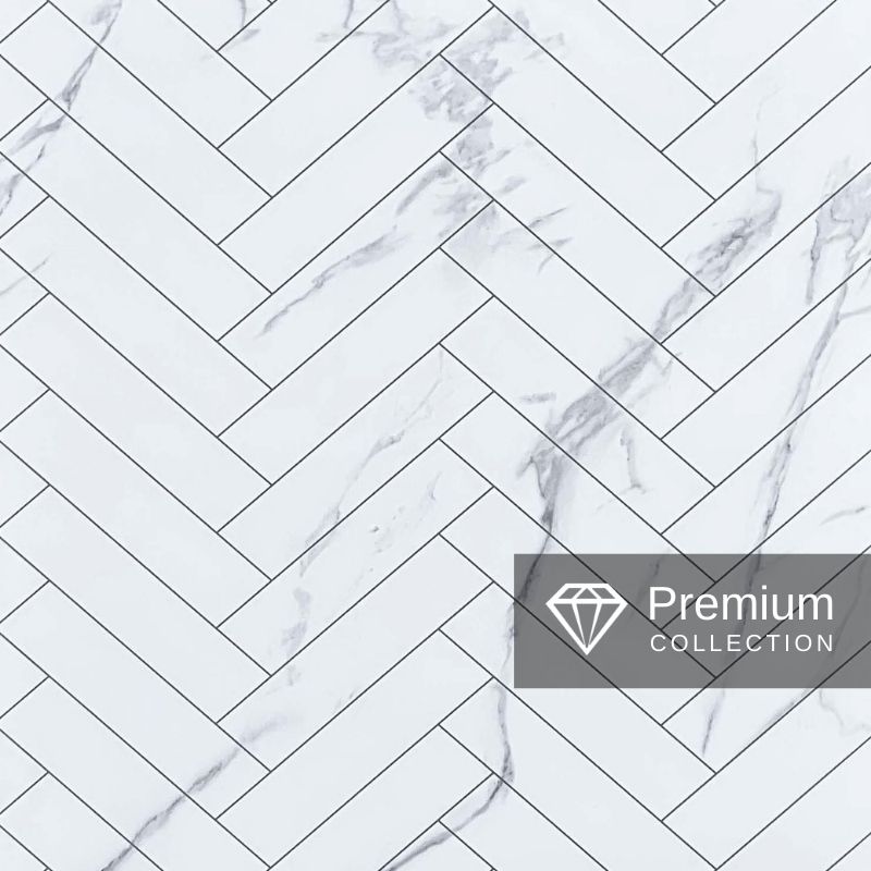 Large Premium White Herringbone Marble Tile 1.0m x 2.4m Shower Panel